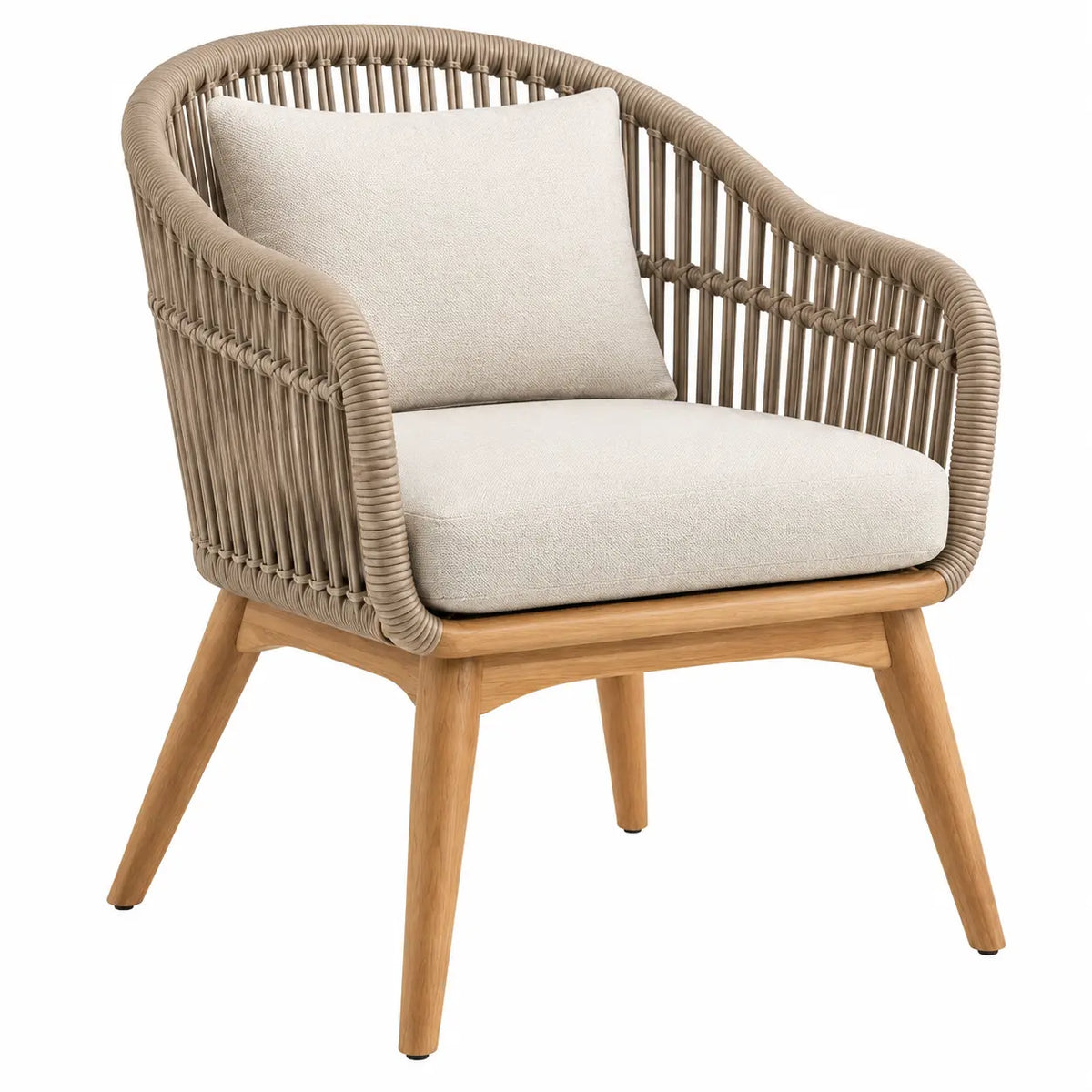 Open-structured beige and brown armchair with woven details, stylish furniture piece by CuredandClassic.