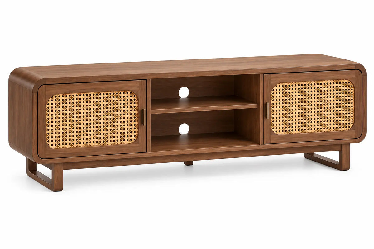 Mueble bajo para televisión con detalles de entramado y estantes, marrón