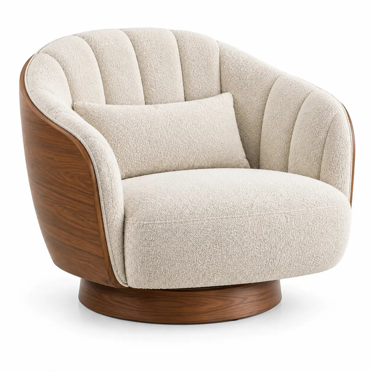 Curved beige and brown upholstered armchair with channel-tufted cushioning, modern design in a CuredandClassic furniture style.