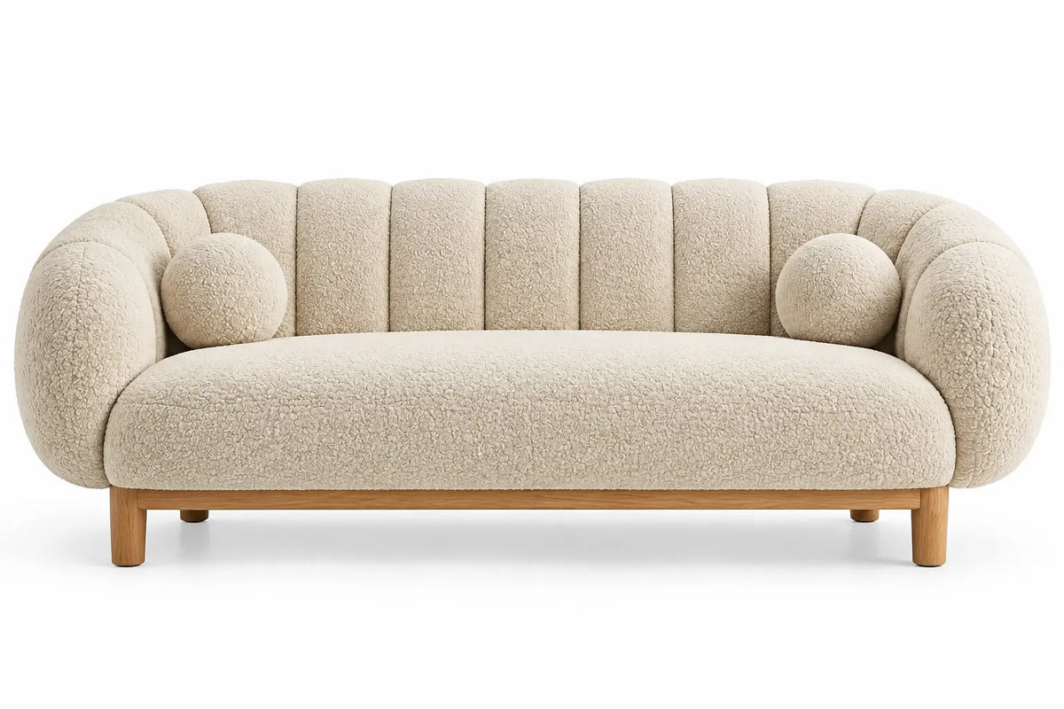 Curved beige and brown upholstered sofa with rounded contour, modern design from CuredandClassic for stylish living rooms.