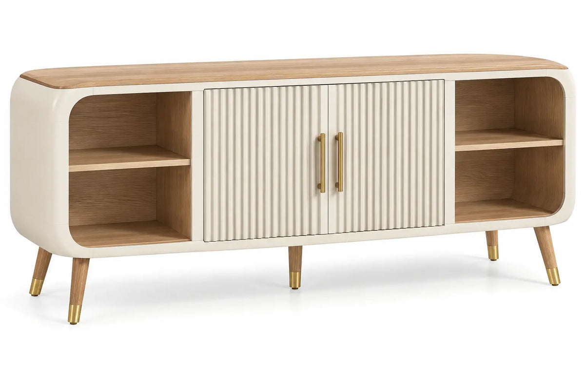 Mueble bajo para televisión con detalles de líneas verticales y estantes, blanco y marrón