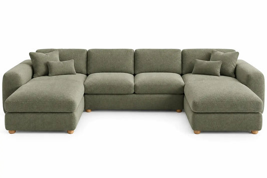 Green upholstered U-shaped sofa with channel-tufted cushions from CuredandClassic, showcasing a comfortable and stylish living room piece.