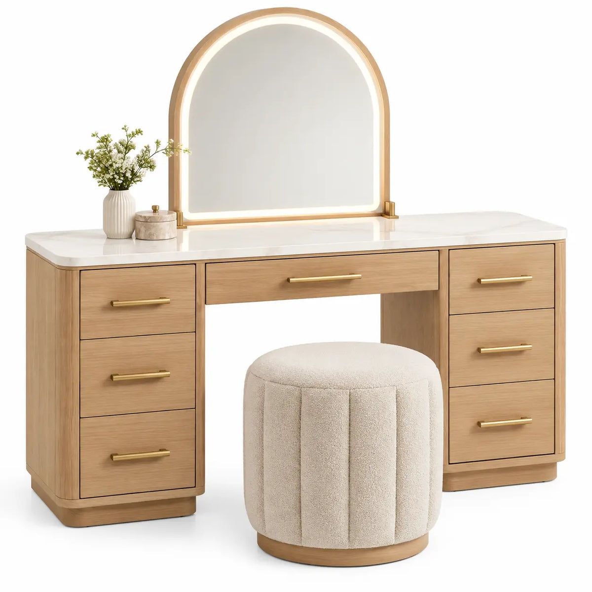 Wooden dressing table with arched mirror and drawers in brown and beige, by CuredandClassic, featuring elegant curved design and storage.