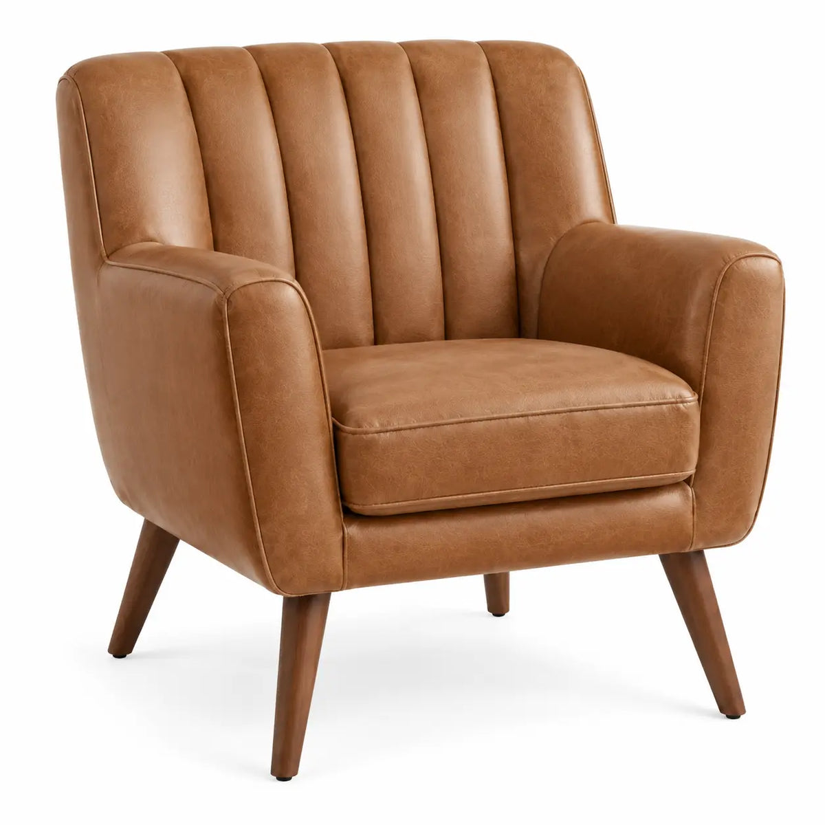 Curedandclassic brown upholstered armchair with channel-tufted cushioning, stylish and comfortable for living room decor.
