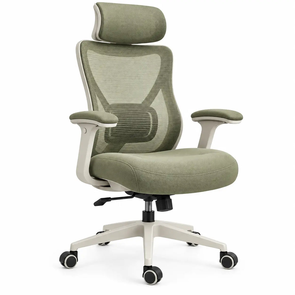 Green and silver office chair with wheels, high backrest, ergonomic design, from CuredandClassic, suitable for workspace comfort.