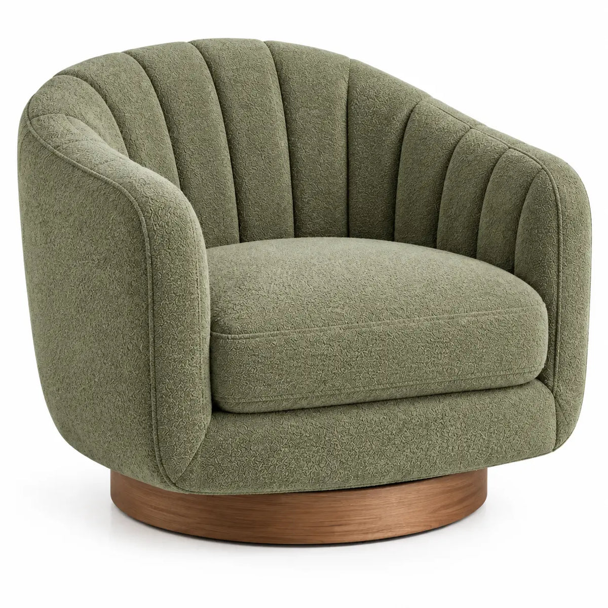 Curved upholstered armchair by CuredandClassic with channel-tufted padding in green and brown fabric, stylish and comfortable.