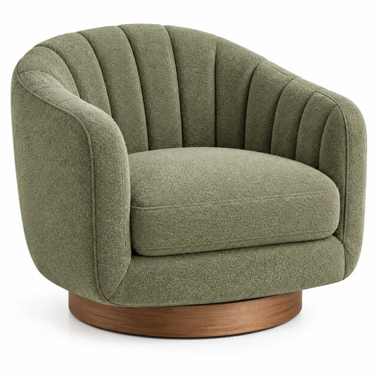 Curved upholstered armchair by CuredandClassic with channel-tufted padding in green and brown fabric, stylish and comfortable.