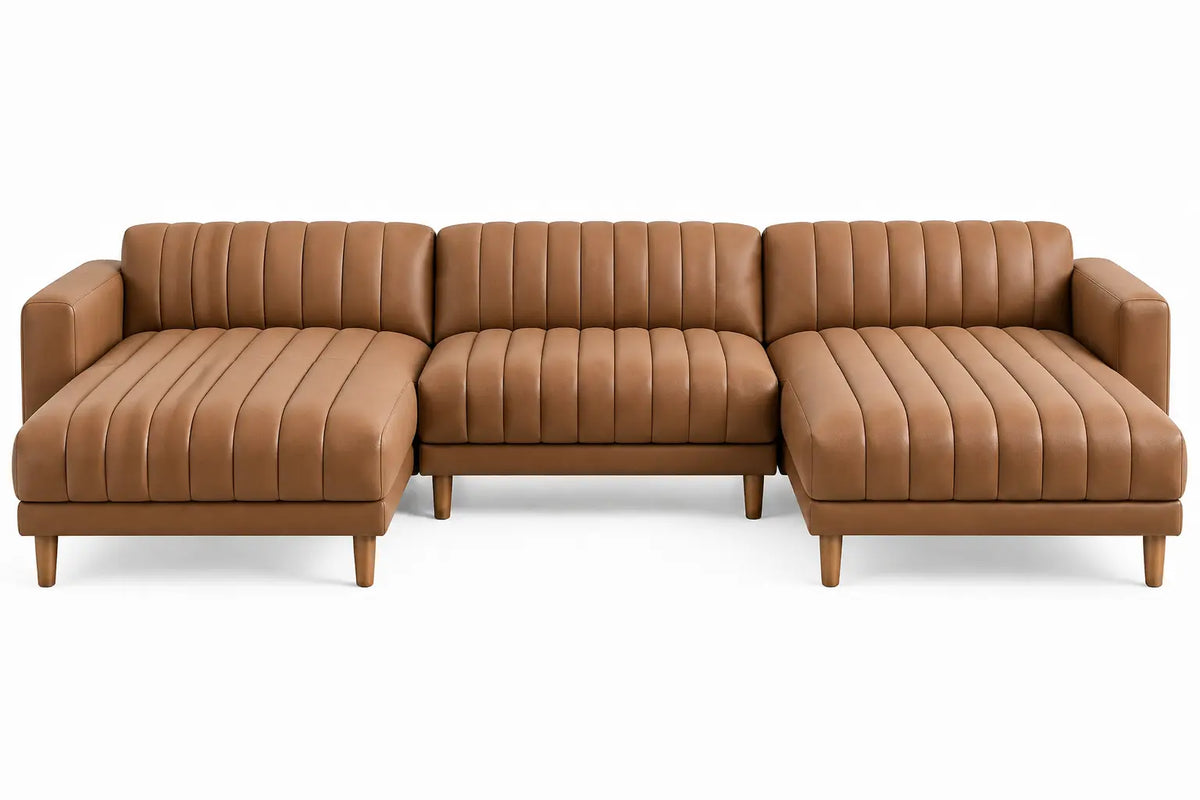 Brown upholstered U-shaped sofa with channel-tufted cushions, modern furniture piece from CuredandClassic.