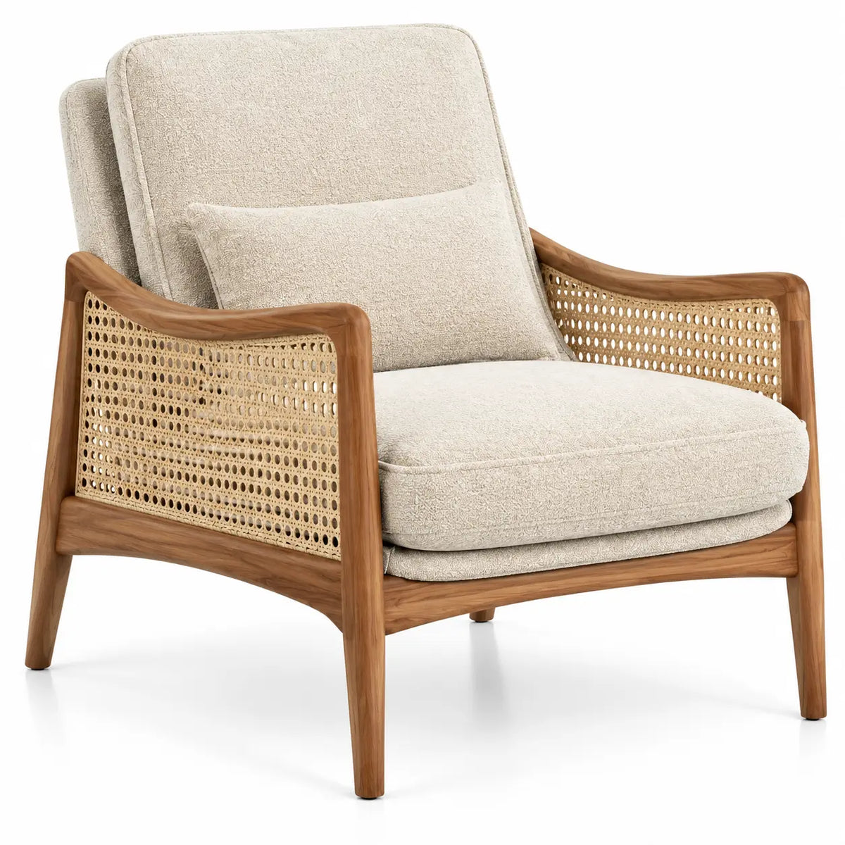 Beige and brown open-structured armchair with woven detailing from CuredandClassic, showcasing stylish furniture design.