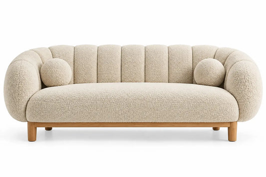 Curved beige and brown upholstered sofa with rounded contour, modern design from CuredandClassic for stylish living rooms.